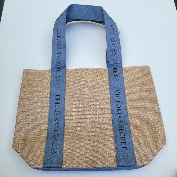 Victoria's Secret NWT tote Bag Wicker Tan blue logo. - Picture 5 of 11